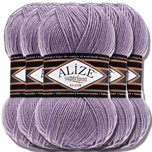 Hobby YARN Alize Superlana Klasik 5 x 100 g Türkische Premium Wolle Baumwolle und Acryl Uni Handstrickgarne Yarn Garn Strickgarn Baby zum Stricken Strickgarn (Lavender | 257) von Hobby YARN