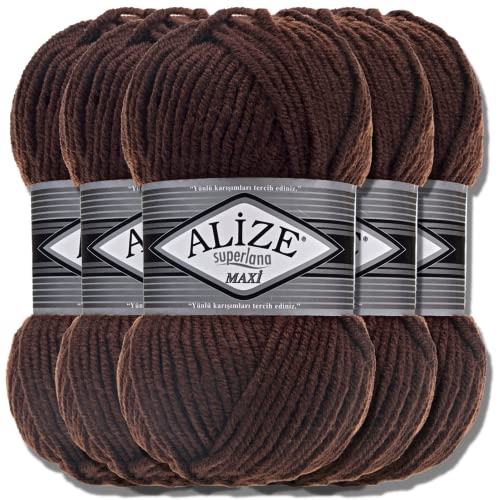 Alize 5 x 100g Superlana Maxi Türkische Premium Wolle Baumwolle und Acryl Uni Handstrickgarne | Yarn | Garn | Strickgarn Einfarbig Baby zum Häkeln Stricken Kleidung Schals (Brown | 26) von Hobby YARN