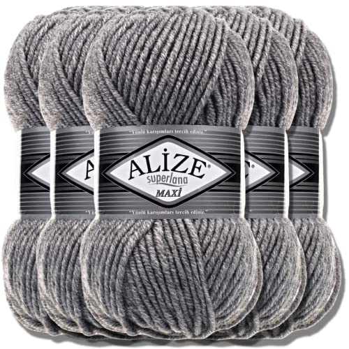 Alize 5 x 100g Superlana Maxi Türkische Premium Wolle Baumwolle und Acryl Uni Handstrickgarne | Yarn | Garn | Strickgarn Einfarbig Baby zum Häkeln Stricken Kleidung Schals (Grey Melange | 21) von Hobby YARN