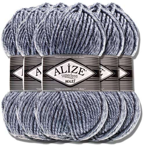 Alize 5 x 100g Superlana Maxi Türkische Premium Wolle Baumwolle und Acryl Uni Handstrickgarne | Yarn | Garn | Strickgarn Einfarbig Baby zum Häkeln Stricken Kleidung Schals (Jaspe Blue | 806) von Hobby YARN