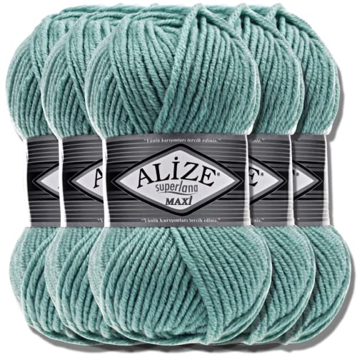 Alize 5 x 100g Superlana Maxi Türkische Premium Wolle Baumwolle und Acryl Uni Handstrickgarne | Yarn | Garn | Strickgarn Einfarbig Baby zum Häkeln Stricken Kleidung Schals (Light Aqua | 463) von Hobby YARN