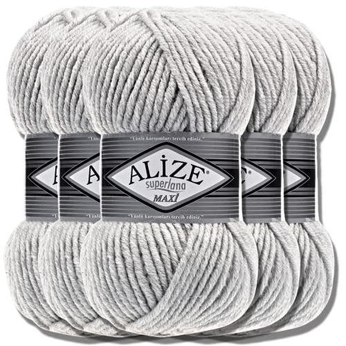 Alize 5 x 100g Superlana Maxi Türkische Premium Wolle Baumwolle und Acryl Uni Handstrickgarne | Yarn | Garn | Strickgarn Einfarbig Baby zum Häkeln Stricken Kleidung Schals (Light Grey Melange | 208) von Hobby YARN