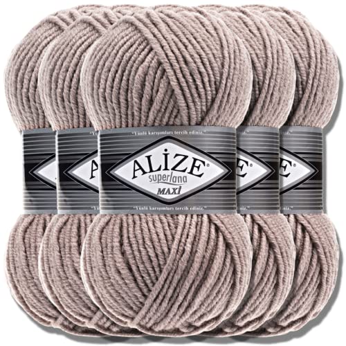 Alize 5 x 100g Superlana Maxi Türkische Premium Wolle Baumwolle und Acryl Uni Handstrickgarne | Yarn | Garn | Strickgarn Einfarbig Baby zum Häkeln Stricken Kleidung Schals (Mink | 541) von Hobby YARN