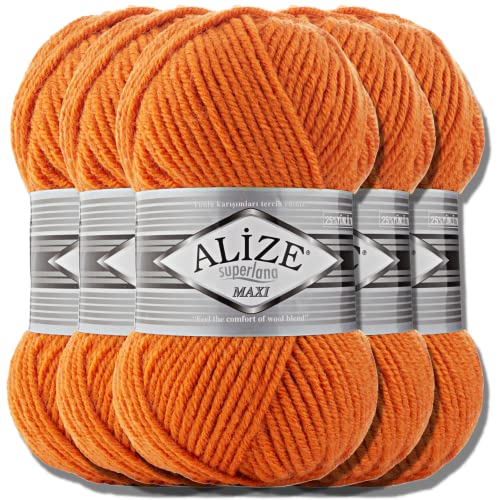 Alize 5 x 100g Superlana Maxi Türkische Premium Wolle Baumwolle und Acryl Uni Handstrickgarne | Yarn | Garn | Strickgarn Einfarbig Baby zum Häkeln Stricken Kleidung Schals (Orange | 225) von Hobby YARN