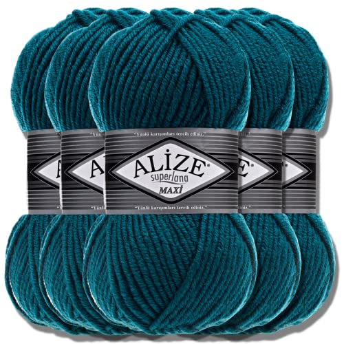 Alize 5 x 100g Superlana Maxi Türkische Premium Wolle Baumwolle und Acryl Uni Handstrickgarne | Yarn | Garn | Strickgarn Einfarbig Baby zum Häkeln Stricken Kleidung Schals (Petrol | 212) von Hobby YARN