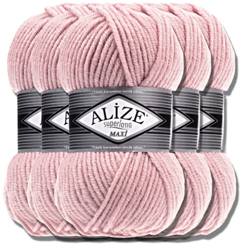 Alize 5 x 100g Superlana Maxi Türkische Premium Wolle Baumwolle und Acryl Uni Handstrickgarne | Yarn | Garn | Strickgarn Einfarbig Baby zum Häkeln Stricken Kleidung Schals (Powder | 161) von Hobby YARN