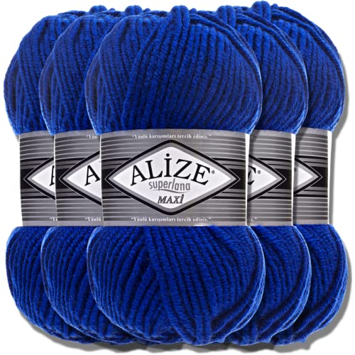 Alize 5 x 100g Superlana Maxi Türkische Premium Wolle Baumwolle und Acryl Uni Handstrickgarne | Yarn | Garn | Strickgarn Einfarbig Baby zum Häkeln Stricken Kleidung Schals (Royal Blue | 141) von Hobby YARN