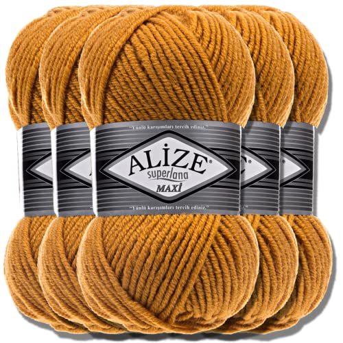 Alize 5 x 100g Superlana Maxi Türkische Premium Wolle Baumwolle und Acryl Uni Handstrickgarne | Yarn | Garn | Strickgarn Einfarbig Baby zum Häkeln Stricken Kleidung Schals (Saffron | 2) von Hobby YARN