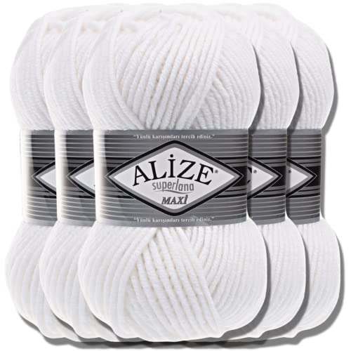Alize 5 x 100g Superlana Maxi Türkische Premium Wolle Baumwolle und Acryl Uni Handstrickgarne | Yarn | Garn | Strickgarn Einfarbig Baby zum Häkeln Stricken Kleidung Schals (White | 55) von Hobby YARN