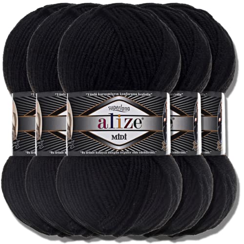 Alize 5 x 100g Superlana Midi Türkische Premium Wolle Baumwolle und Acryl Uni Handstrickgarne | Yarn | Garn | Strickgarn Einfarbig Baby zum Häkeln Stricken Kleidung Schals (Black | 60) von Hobby YARN