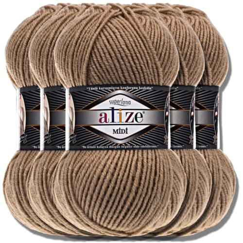 Alize 5 x 100g Superlana Midi Türkische Premium Wolle Baumwolle und Acryl Uni Handstrickgarne | Yarn | Garn | Strickgarn Einfarbig Baby zum Häkeln Stricken Kleidung Schals (Dark Beige | 466) von Hobby YARN