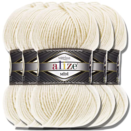 Alize 5 x 100g Superlana Midi Türkische Premium Wolle Baumwolle und Acryl Uni Handstrickgarne | Yarn | Garn | Strickgarn Einfarbig Baby zum Häkeln Stricken Kleidung Schals (Ivory | 599) von Hobby YARN