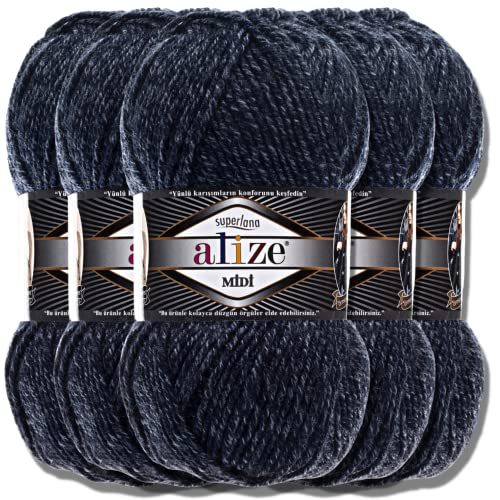 Alize 5 x 100g Superlana Midi Türkische Premium Wolle Baumwolle und Acryl Uni Handstrickgarne | Yarn | Garn | Strickgarn Einfarbig Baby zum Häkeln Stricken Kleidung Schals (Jaspe Navy | 805) von Hobby YARN