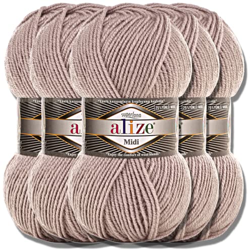 Alize 5 x 100g Superlana Midi Türkische Premium Wolle Baumwolle und Acryl Uni Handstrickgarne | Yarn | Garn | Strickgarn Einfarbig Baby zum Häkeln Stricken Kleidung Schals (Smoky | 652) von Hobby YARN