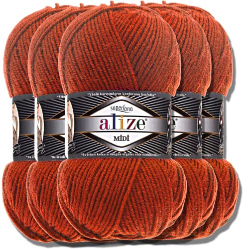 Alize 5 x 100g Superlana Midi Türkische Premium Wolle Baumwolle und Acryl Uni Handstrickgarne | Yarn | Garn | Strickgarn Einfarbig Baby zum Häkeln Stricken Kleidung Schals (Terra | 36) von Hobby YARN