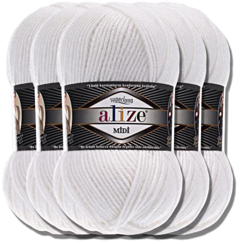 Alize 5 x 100g Superlana Midi Türkische Premium Wolle Baumwolle und Acryl Uni Handstrickgarne | Yarn | Garn | Strickgarn Einfarbig Baby zum Häkeln Stricken Kleidung Schals (White | 55) von Hobby YARN