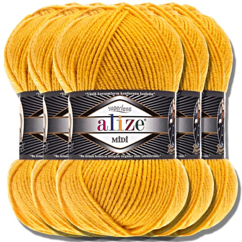 Alize 5 x 100g Superlana Midi Türkische Premium Wolle Baumwolle und Acryl Uni Handstrickgarne | Yarn | Garn | Strickgarn Einfarbig Baby zum Häkeln Stricken Kleidung Schals (Yellow | 488) von Hobby YARN