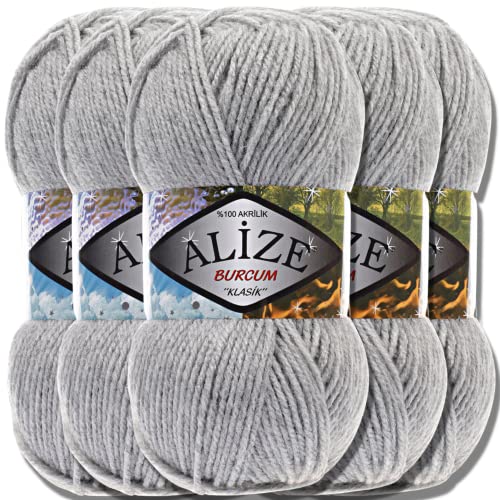 Alize 5X 100g Burcum Klasik Classic Türkische Premium Wolle 100% Acryl Handstrickgarne Uni Einfarbig | Garn | Yarn Babywolle Strickgarn Baby zum Häkeln Stricken (Grey Melange | 21) von Hobby YARN