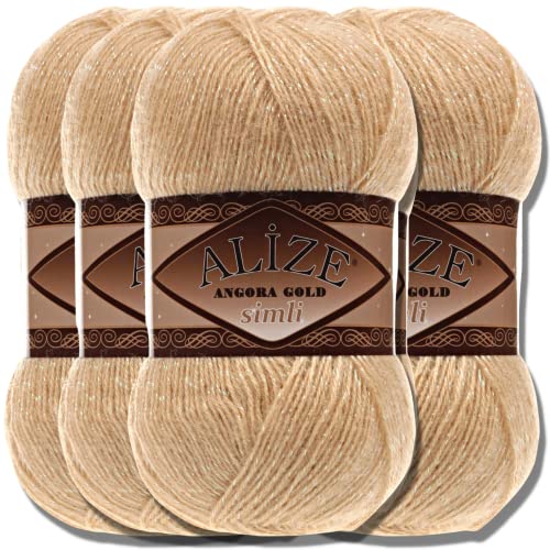 Hobby YARN Alize 5x 100 g Angora Gold Simli Türkische Premium Wolle Mohair aus Schurwolle mit Glitzereffekt Babywolle als Strickgarn Handstrickgarn Angorawolle Uni Yarn (Pampas Grass | 95) von Hobby YARN