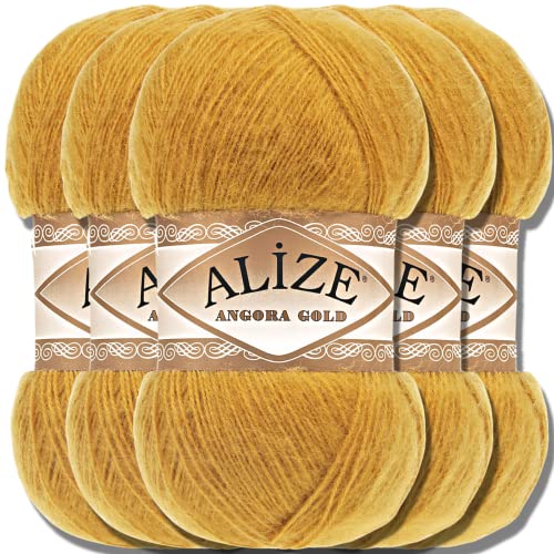 Alize 5x 100g Angora Gold Türkische Premium Wolle aus Schurwolle und Acryl Uni Handstrickgarne | Yarn | Garn | Strickgarn Babywolle Einfarbig Baby zum Häkeln Stricken Schals (Saffron | 2) von Hobby YARN