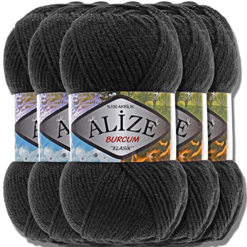 Alize 5x 100g Burcum Klasik Classic Türkische Premium Wolle 100% Acryl Handstrickgarne Uni Einfarbig | Garn | Yarn Babywolle Strickgarn Baby Häkeln Stricken (Black | 60) von Hobby YARN