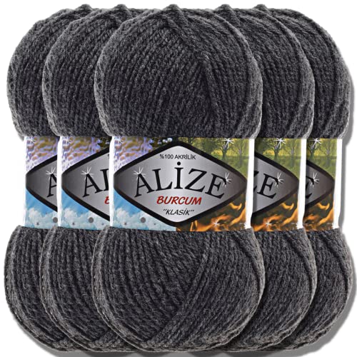 Alize 5x 100g Burcum Klasik Classic Türkische Premium Wolle 100% Acryl Handstrickgarne Uni Einfarbig | Garn | Yarn Babywolle Strickgarn Baby zum Häkeln Stricken (Anthracite Melange | 195) von Hobby YARN