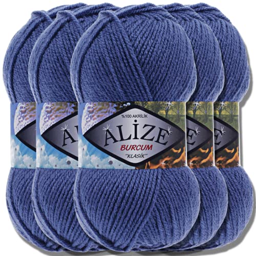 Alize 5x 100g Burcum Klasik Classic Türkische Premium Wolle 100% Acryl Handstrickgarne Uni Einfarbig | Garn | Yarn Babywolle Strickgarn Baby zum Häkeln Stricken (Azurite | 353) von Hobby YARN