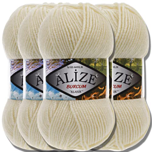 Alize 5x 100g Burcum Klasik Classic Türkische Premium Wolle 100% Acryl Handstrickgarne Uni Einfarbig | Garn | Yarn Babywolle Strickgarn Baby zum Häkeln Stricken (Cream | 1) von Hobby YARN