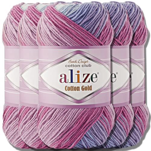 Alize 5x 100g Cotton Gold Batik Türkische Premium Wolle Baumwolle und Acryl Handstrickgarne Garn Yarn Babywolle Strickgarn mit Farbverlauf Accessoire Baby zum Häkeln Stricken (3686) von Hobby YARN