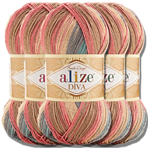 Alize 5x 100g Diva Batik Türkische Premium Wolle 100% Acryl Handstrickgarne Garn | Yarn | Strickgarn Babywolle mit Farbverlauf Baby Akzente Accessoire zum Häkeln Stricken (7399) von Hobby YARN