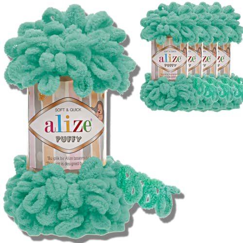 Alize 5x 100g Puffy türkische Wolle Super Bulky Chenillegarn Kuschelweich Babywolle Handstrickgarn zum häkeln weiches Chenille-Garn XXL-Knäuel für Amigurumi (Aqua | 490) von Hobby YARN