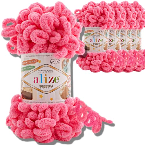 Alize 5x 100g Puffy türkische Wolle Super Bulky Chenillegarn Kuschelweich Babywolle Handstrickgarn zum häkeln weiches Chenille-Garn XXL-Knäuel für Amigurumi (Vivid Pink | 377) von Hobby YARN