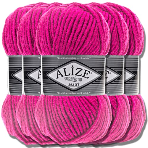 Alize 5x 100g Superlana Maxi Türkische Premium Wolle Baumwolle und Acryl Uni Handstrickgarne | Yarn | Garn | Strickgarn Einfarbig Baby zum Häkeln Stricken Kleidung Schals (Fuchsia | 149) von Hobby YARN