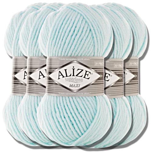 Alize 5x 100g Superlana Maxi Türkische Premium Wolle Baumwolle und Acryl Uni Handstrickgarne | Yarn | Garn | Strickgarn Einfarbig Baby zum Häkeln Stricken Kleidung Schals (Mint | 522) von Hobby YARN