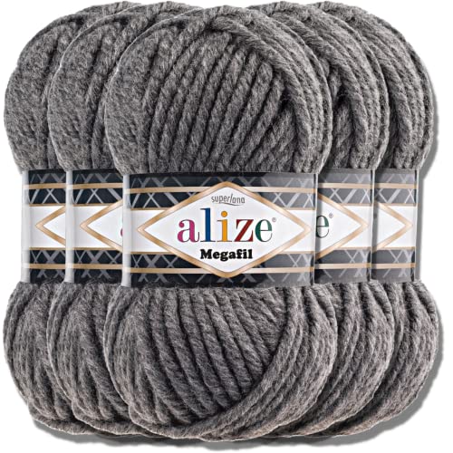 Alize 5x 100g Superlana Megafil Türkische Wolle Super Bulky Chenillegarn Babywolle Handstrickgarn häkeln weiches Chenille-Garn XXL-Knäuel für Amigurumi Yarn Garn (Medium Grey Melange | 182) von Hobby YARN