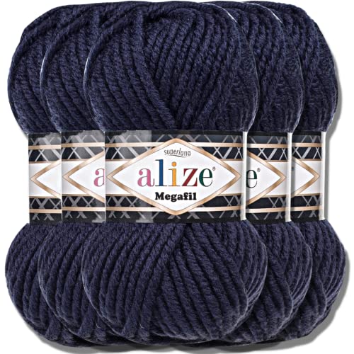 Alize 5x 100g Superlana Megafil Türkische Wolle Super Bulky Chenillegarn Babywolle Handstrickgarn häkeln weiches Chenille-Garn XXL-Knäuel für Amigurumi Yarn Garn (Navy | 58) von Hobby YARN