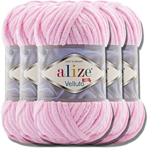 Hobby YARN Alize Velluto 5x 100g Türkische Strickwolle super Bulky Wolle zum Häkeln Uni Farbe Babywolle Flauschgarn Filzwolle Kuschelwolle (Baby Pink | 31) von Hobby YARN