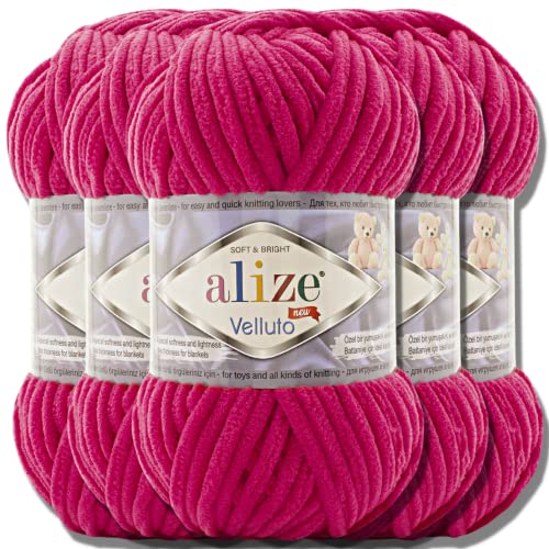 Hobby YARN Alize Velluto 5x 100g Türkische Strickwolle super Bulky Wolle zum Häkeln Uni Farbe Babywolle Flauschgarn Filzwolle Kuschelwolle (Bougainvillea | 798) von Hobby YARN