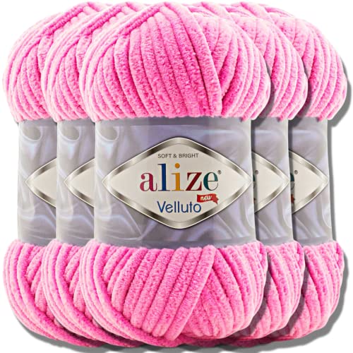 Alize Velluto 5x 100g Türkische Strickwolle super Bulky Wolle zum Häkeln Uni Farbe Babywolle Flauschgarn Filzwolle Kuschelwolle (Cotton Candy | 121) von Hobby YARN