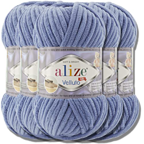 Hobby YARN Alize Velluto 5x 100g Türkische Strickwolle super Bulky Wolle zum Häkeln Uni Farbe Babywolle Flauschgarn Filzwolle Kuschelwolle (Denim | 374) von Hobby YARN