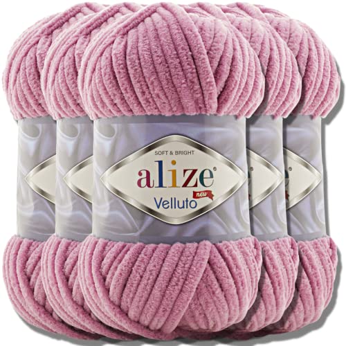 Alize 5x 100g Velluto türkische Wolle Super Bulky Chenillegarn Kuschelweich Babywolle Handstrickgarn zum häkeln weiches Chenille-Garn XXL-Knäuel für Amigurumi (Pink | 98) von alize