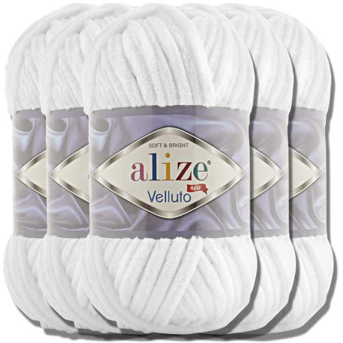 Hobby YARN Alize Velluto 5x 100g Türkische Strickwolle super Bulky Wolle zum Häkeln Uni Farbe Babywolle Flauschgarn Filzwolle Kuschelwolle (White | 55) von Hobby YARN