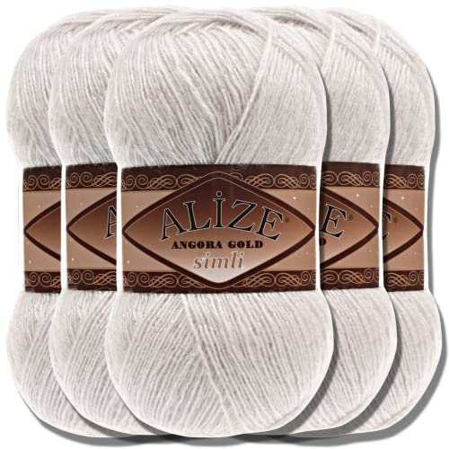 Hobby YARN Alize 5x 100 g Angora Gold Simli Türkische Premium Wolle Mohair aus Schurwolle mit Glitzereffekt Babywolle als Strickgarn Handstrickgarn Angorawolle Uni Yarn (Ivory | 599) von Hobby YARN