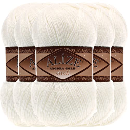 Hobby YARN Alize 5x 100 g Angora Gold Simli Türkische Premium Wolle Mohair aus Schurwolle mit Glitzereffekt Babywolle als Strickgarn Handstrickgarn Angorawolle Uni Yarn (Light Cream | 62) von Hobby YARN