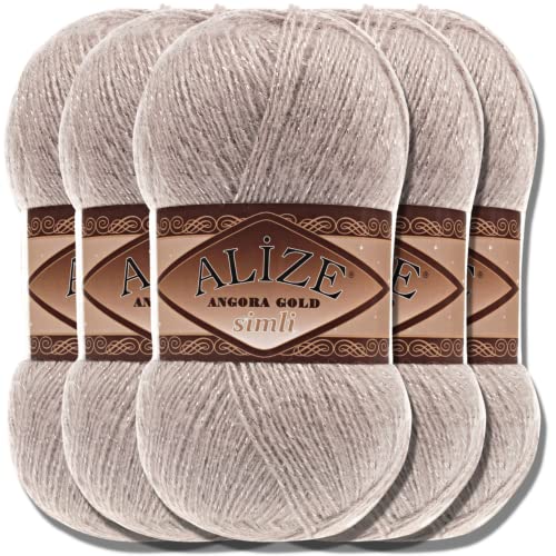 Hobby YARN Alize 5x 100 g Angora Gold Simli Türkische Premium Wolle Mohair aus Schurwolle mit Glitzereffekt Babywolle als Strickgarn Handstrickgarn Angorawolle Uni Yarn (Light Mink | 541) von Hobby YARN