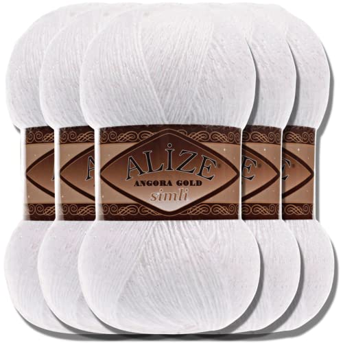 Hobby YARN Alize 5x 100 g Angora Gold Simli Türkische Premium Wolle Mohair aus Schurwolle mit Glitzereffekt Babywolle als Strickgarn Handstrickgarn Angorawolle Uni Yarn (White | 55) von Hobby YARN