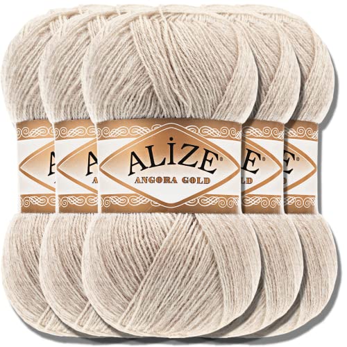 Hobby YARN Alize 5x 100g Angora Gold Türkische Premium Wolle Dünne Mohair aus Schurwolle Babywolle als Strickgarn Handstrickgarn Einfarbig Uni Yarn (Beige Melange | 152) von Hobby YARN