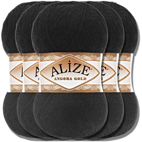 Hobby YARN Alize 5x 100g Angora Gold Türkische Premium Wolle Dünne Mohair aus Schurwolle Babywolle als Strickgarn Handstrickgarn Einfarbig Uni Yarn (Black | 60) von Hobby YARN