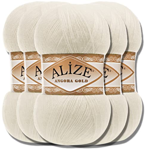 Hobby YARN Alize 5x 100g Angora Gold Türkische Premium Wolle Dünne Mohair aus Schurwolle Babywolle als Strickgarn Handstrickgarn Einfarbig Uni Yarn (Cream | 1) von Hobby YARN