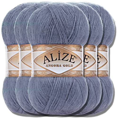 Hobby YARN Alize 5x 100g Angora Gold Türkische Premium Wolle Dünne Mohair aus Schurwolle Babywolle als Strickgarn Handstrickgarn Einfarbig Uni Yarn (Denim Melange | 203) von Hobby YARN